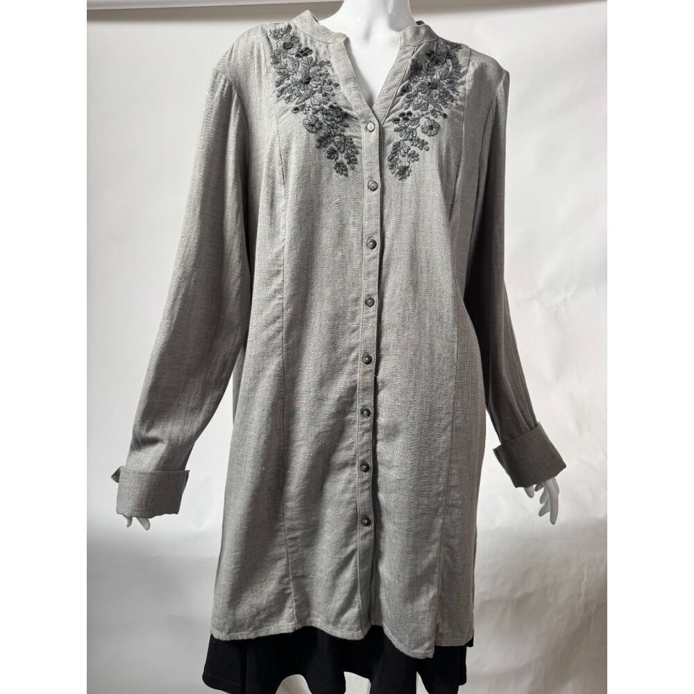 Coldwater Creek XL Embroidered Button-Front Tunic Top Gray 100% Cotton Long Slee